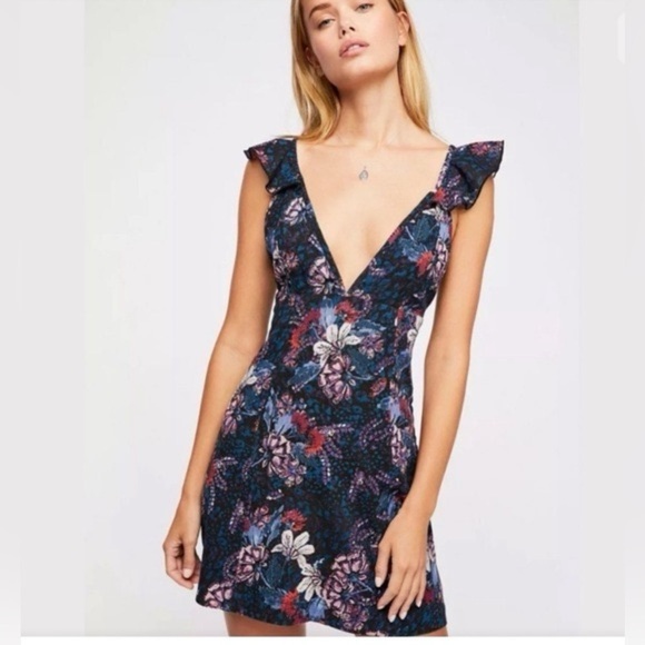 Free People Women Dress XS Blue Floral Deep V Josie Mini Date Night‎ Summer - Picture 1 of 12